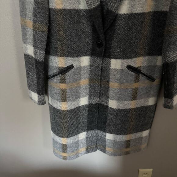 CYNTHIA ROWLEY Grey and Yellow Plaid Long Wool Blend Shirt Jacket Size Small - Picture 3 of 6